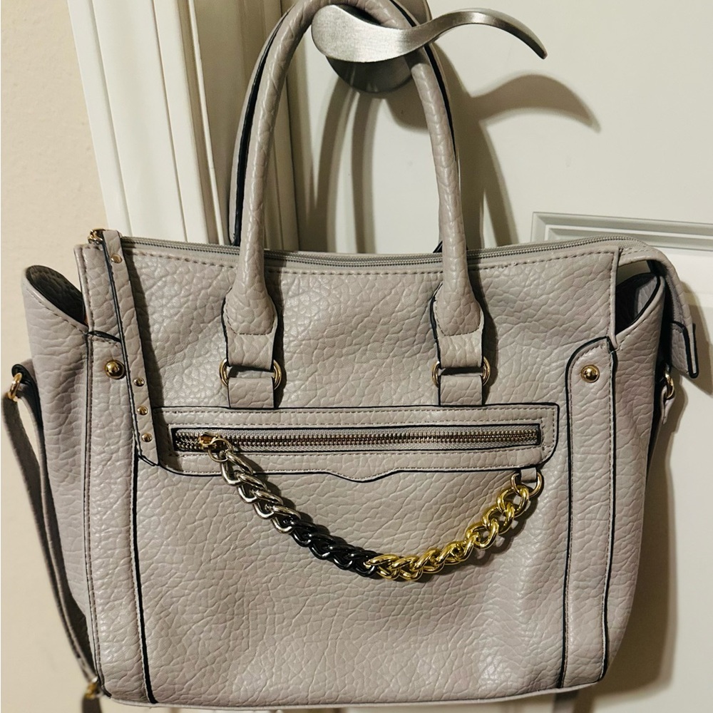 Jessica Simpson Gray Gold Satchel with Chain Detail